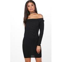 Ruffle Rib Off The ShoulderDress - black