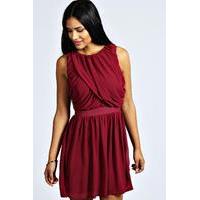 Ruched Detail Chiffon Skater Dress - berry