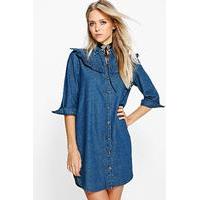 Ruffle Denim Shirt Dress - mid blue