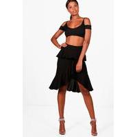 Ruffle Front Woven Midi Skirt - black