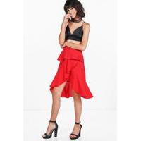 Ruffle Front Woven Midi Skirt - red