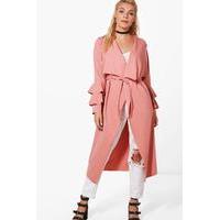ruffle sleeve belted duster rose
