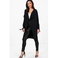 ruched sleeve belted duster black