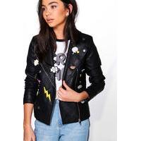Ruby Badged Biker Faux Leather Jacket - black
