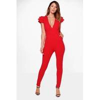 Ruffle Sleeve Plunge Front Jumpsuit - red