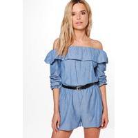 Ruffle Off The Shoulder Playsuit - blue