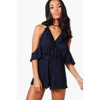 Ruffle Cold Shoulder Playsuit - navy