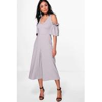 Ruffle Cold Shoulder Tailored Jumpsuit - grey
