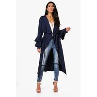 Ruffle Sleeve Belted Duster - navy