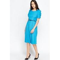 Ruched Sleeve Belted Midi Dress