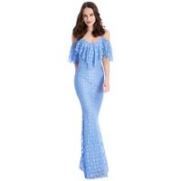 Ruffled Bardot Lace Maxi Dress with Straps  Blue