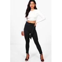 Ruffle Waist Skinny Crepe Trousers - black