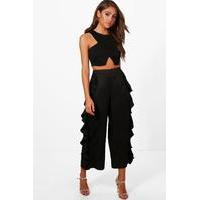 ruffle side woven wide leg culottes black