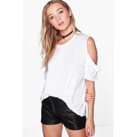 Ruffle Sleeve Cold Shoulder T-Shirt - white