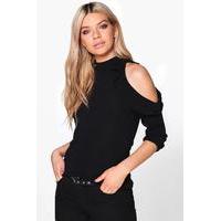 ruffle cold shoulder jumper black