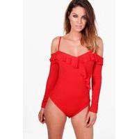 Ruffle Wrap Front Bodysuit - red