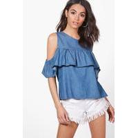 Ruffle Cold Shoulder Denim Top - indigo