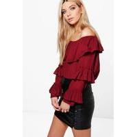 Ruffle Sleeve Crinkle Bardot Top - wine