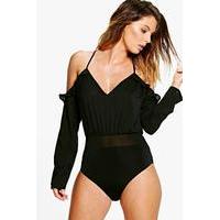 ruffle cold shoulder woven bodysuit black