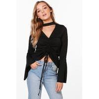 Ruched Front Top With Flared Sleeve - black