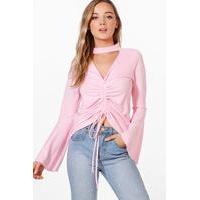 Ruched Front Top With Flared Sleeve - pink