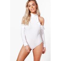 Ruffle Cold Shoulder Rib Bodysuit - white