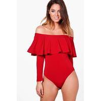 Ruffle Bardot Bodysuit - red