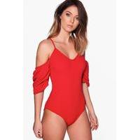 Ruched Sleeve Cold Shoulder Bodysuit - red