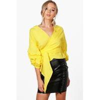 Ruched Sleeve Wrap Shirt - yellow