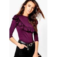 Ruffle Detail 3/4 Sleeve Top - plum