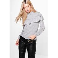 ruffle detail high neck top grey