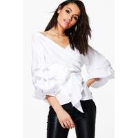 Ruffle Tiered Sleeve Wrap Top - white