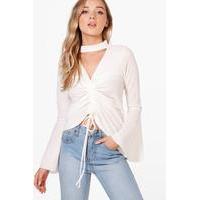 ruched front top with flared sleeve ivory