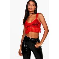 ruffle lace long line bralet red