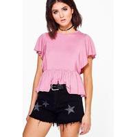 Ruffle Sleeve Jersey Peplum Top - dusky pink