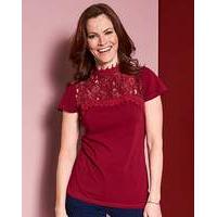 Ruby Red Textured Top with Lace Trim