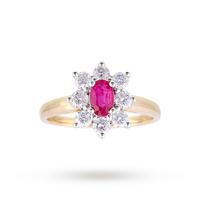 ruby and diamond cluster ring in 18ct yellow gold ring size j