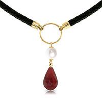 Ruby and Pearl Leather Pendant Necklace 10.8ctw in 9ct Gold