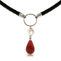 Ruby and Pearl Leather Pendant Necklace 10.8ctw in 9ct White Gold