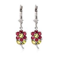 Ruby and Peridot Flower Petal Drop Earrings 2.12ctw in 9ct White Gold