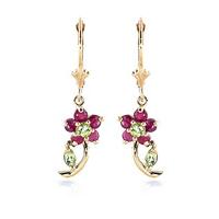 Ruby and Peridot Flower Petal Drop Earrings 1.72ctw in 9ct Gold