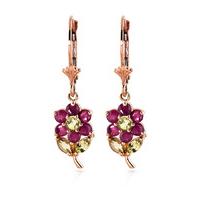 Ruby and Peridot Flower Petal Drop Earrings 2.12ctw in 9ct Rose Gold