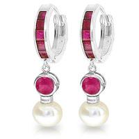 Ruby and Pearl Huggie Earrings 4.65ctw in 9ct White Gold