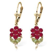 Ruby and Peridot Flower Petal Drop Earrings 2.12ctw in 9ct Gold