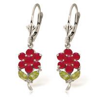 Ruby and Peridot Flower Petal Drop Earrings 2.12ctw in 9ct White Gold