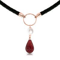 Ruby and Pearl Leather Pendant Necklace 10.8ctw in 9ct Rose Gold