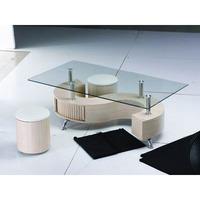 S Shape Glass Top Beech Coffee Table With Storage