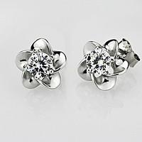 S925 Fine Silver Flower Shape Crystal Stud Earrings