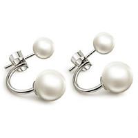 S925 Fine Silver White Pearl Ball Shape Stud Earrings (Width:8mm)