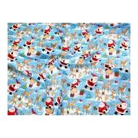 Santa & Reindeer Scene Print Christmas Cotton Fabric Blue